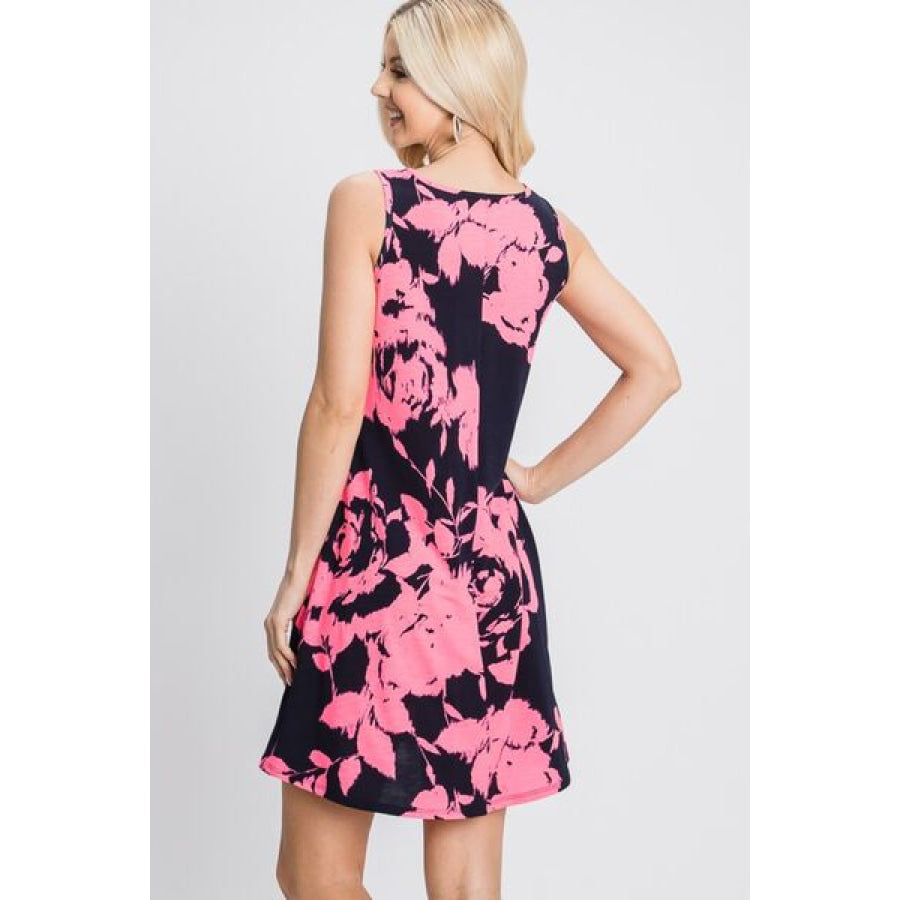 Heimish Full Size Floral V - Neck Tank Dress with Pockets Navy/Neon Pink / S Apparel and Accessories