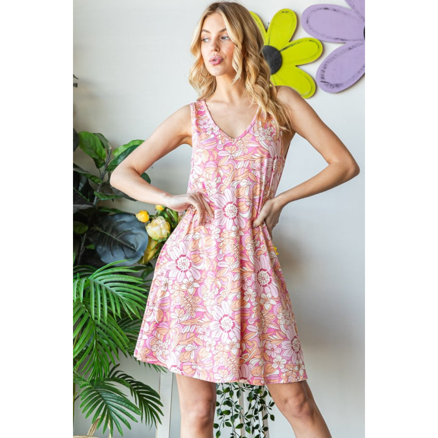 Heimish Full Size Floral V - Neck Tank Dress with Pockets Pink Multi / S Apparel and Accessories