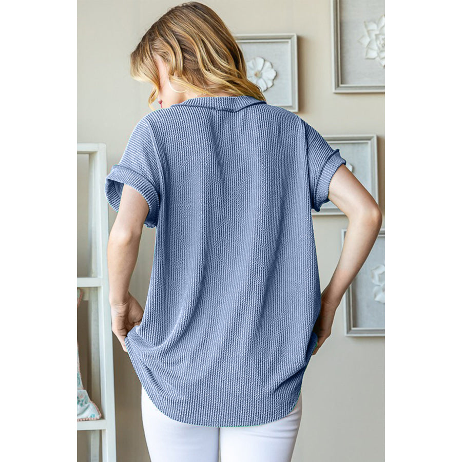 Heimish Full Size Front Pocket Short Sleeve Ribbed Top Denim Vintage / S Apparel and Accessories