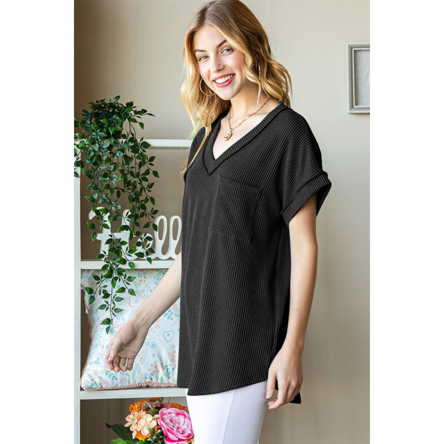 Heimish Full Size Front Pocket Short Sleeve Ribbed Top Apparel and Accessories