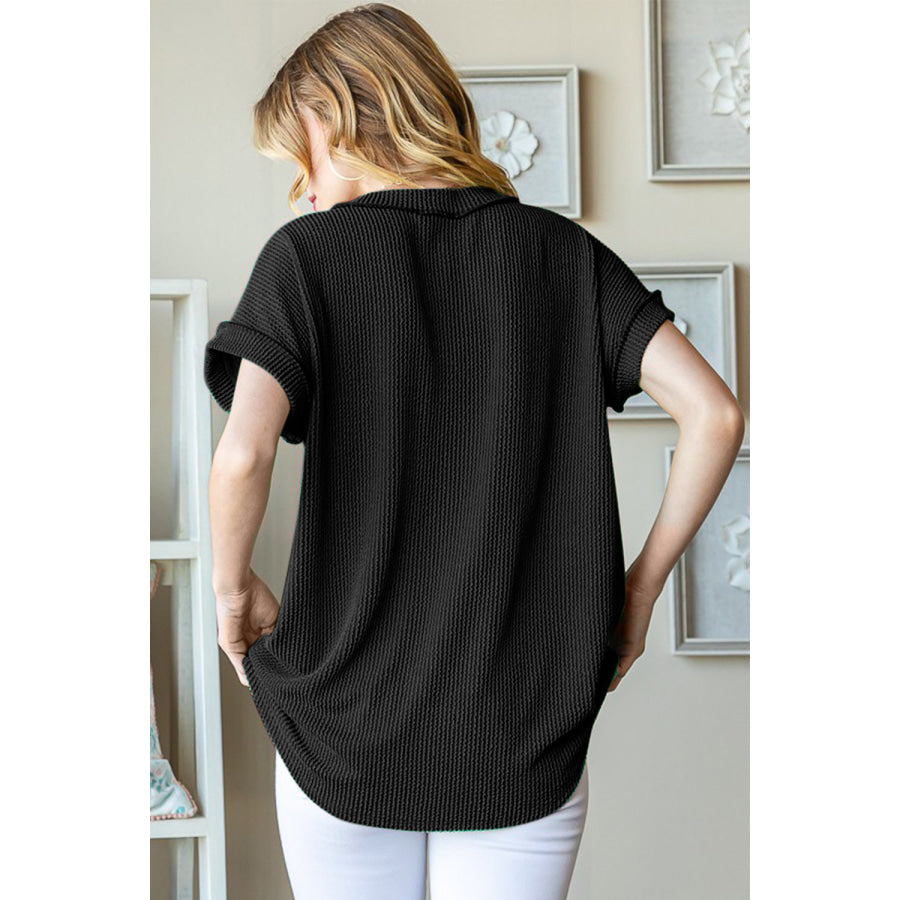 Heimish Full Size Front Pocket Short Sleeve Ribbed Top Black / S Apparel and Accessories
