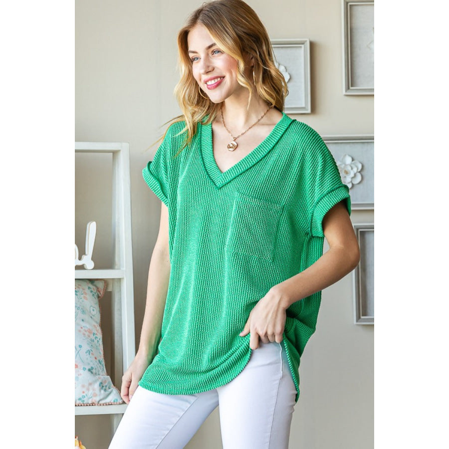 Heimish Full Size Front Pocket Short Sleeve Ribbed Top Kelly Green / S Apparel and Accessories