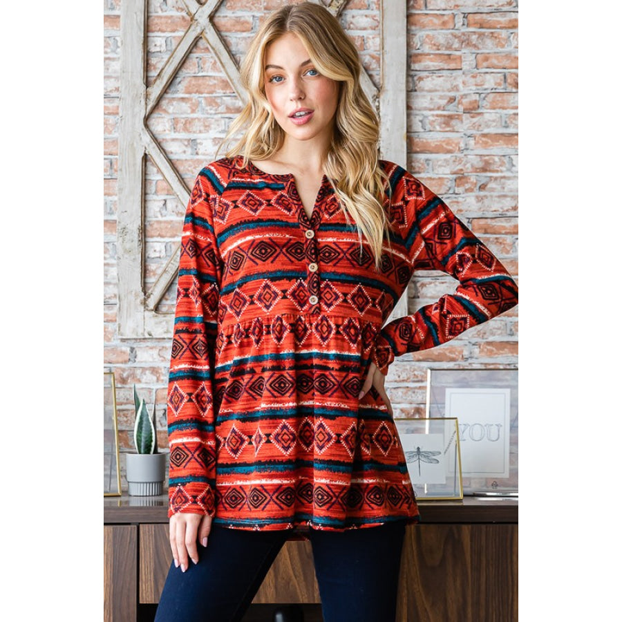 Heimish Full Size Geometric Button Detail Long Sleeve Babydoll Top Apparel and Accessories