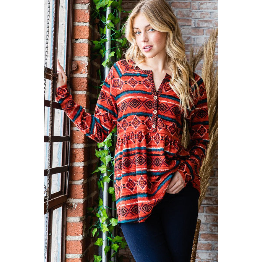 Heimish Full Size Geometric Button Detail Long Sleeve Babydoll Top Scarlet / S Apparel and Accessories