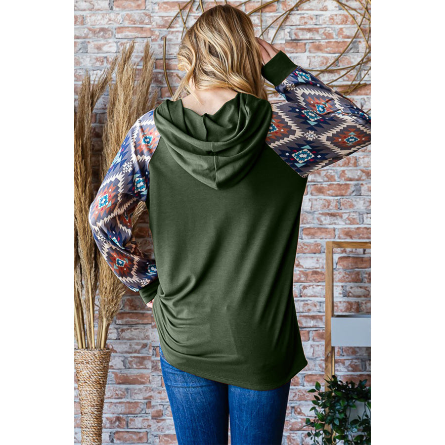 Heimish Full Size Half Button Printed Long Sleeve Hooded Top Olive / S Apparel and Accessories