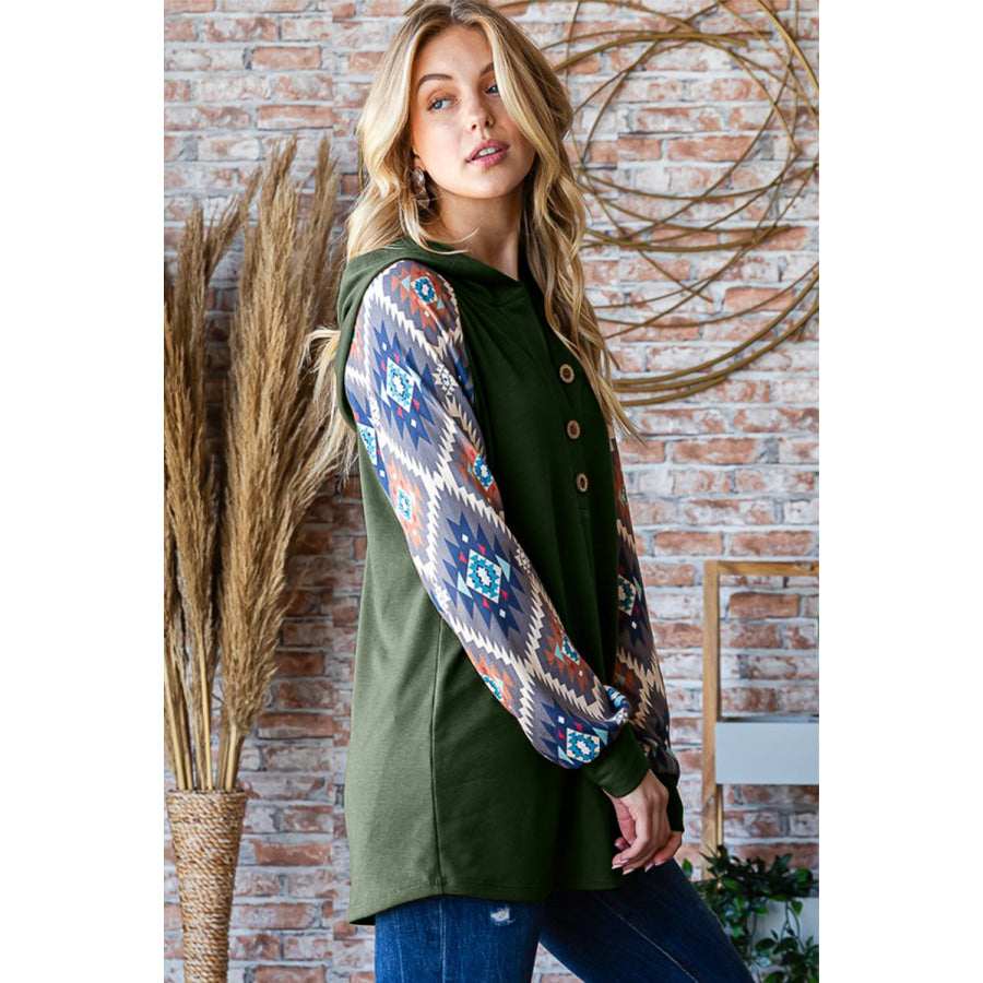 Heimish Full Size Half Button Printed Long Sleeve Hooded Top Apparel and Accessories