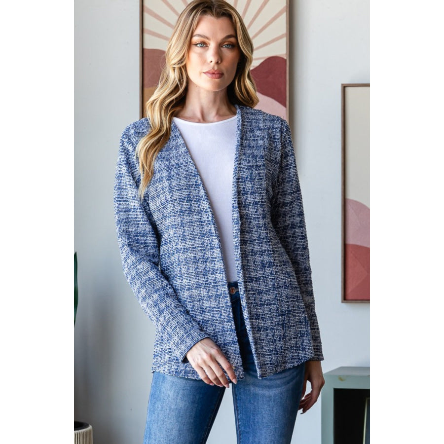 Heimish Full Size Houndstooth Tweed Open Front Blazer Royal / S Apparel and Accessories