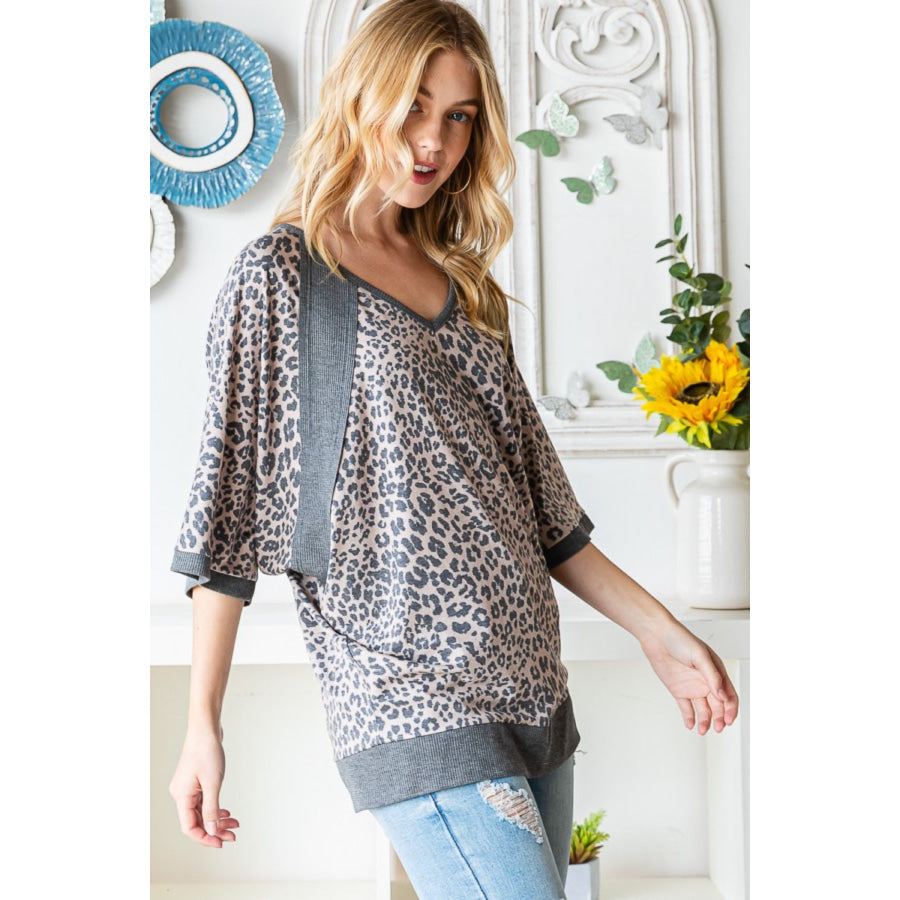 Heimish Full Size Leopard Contrast V-Neck Half Sleeve T-Shirt Apparel and Accessories