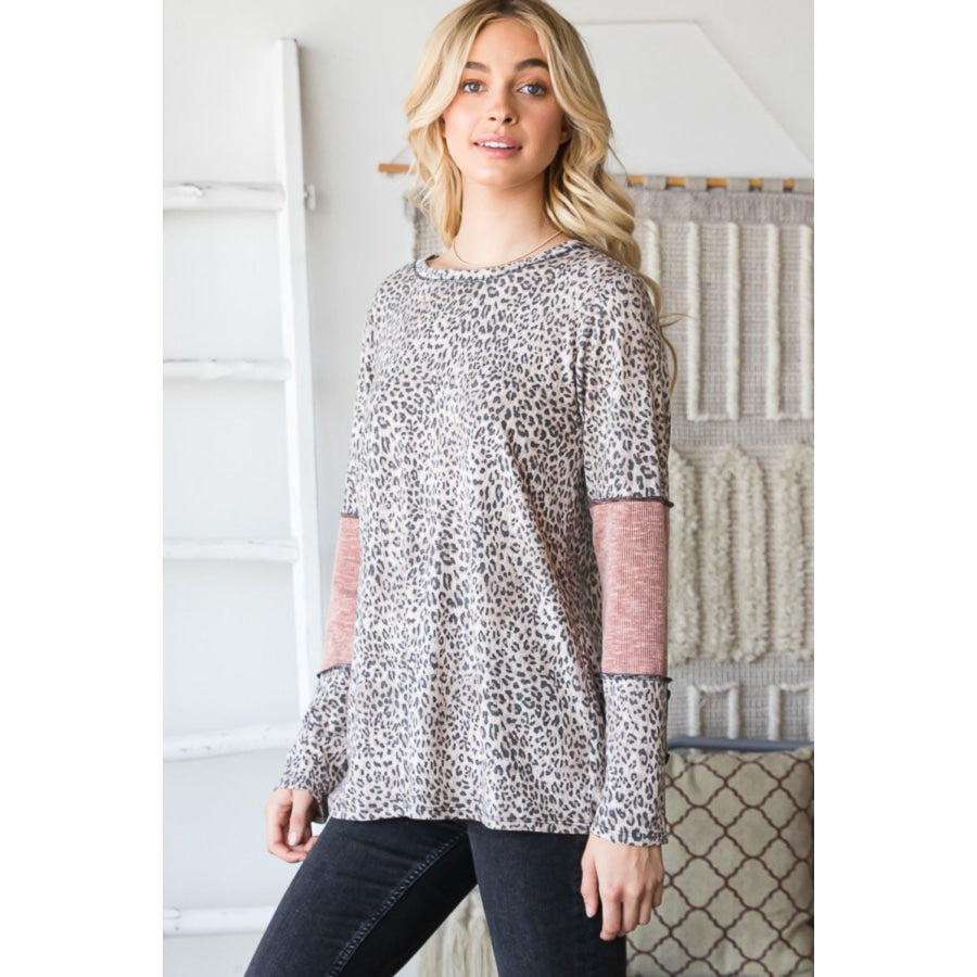 Heimish Full Size Leopard Exposed Seam Contrast T-Shirt Apparel and Accessories