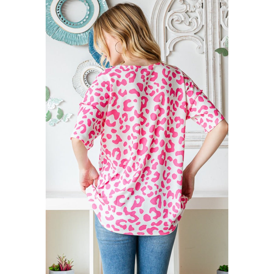 Heimish Full Size Leopard Exposed Seam Short Sleeve Top IVORYPINK / S Apparel and Accessories