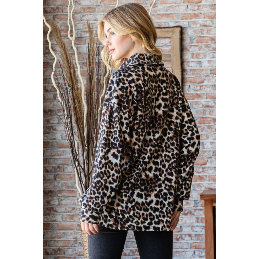 Heimish Full Size Leopard Johnny Collar Long Sleeve Top Apparel and Accessories