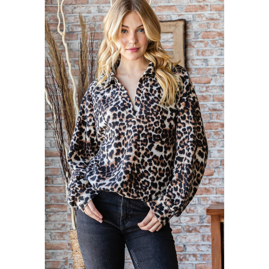 Heimish Full Size Leopard Johnny Collar Long Sleeve Top Apparel and Accessories