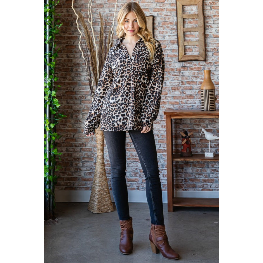 Heimish Full Size Leopard Johnny Collar Long Sleeve Top Apparel and Accessories