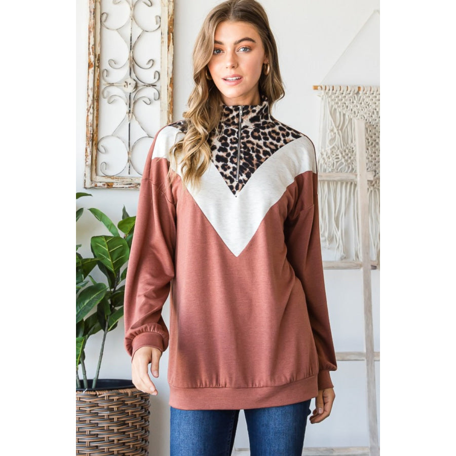 Heimish Full Size Leopard Quarter Zip Mock Neck Sweatshirt Rust / S Apparel and Accessories