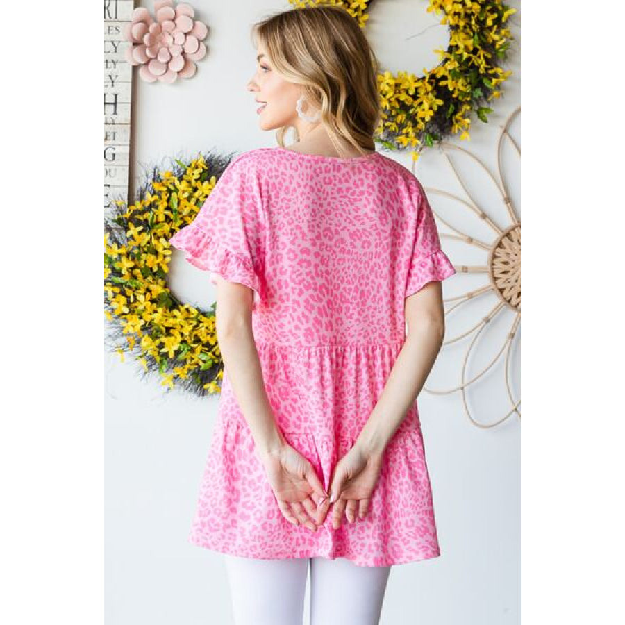 Heimish Full Size Leopard Ruffle Trim Short Sleeve Top PINK / S Apparel and Accessories