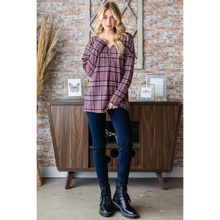 Heimish Full Size Plaid V-Neck Long Sleeve Top Apparel and Accessories