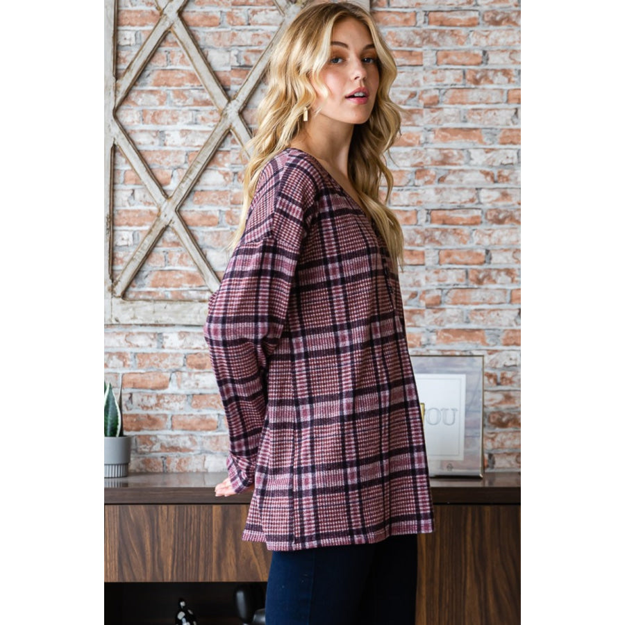 Heimish Full Size Plaid V-Neck Long Sleeve Top Apparel and Accessories