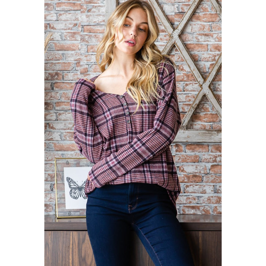 Heimish Full Size Plaid V-Neck Long Sleeve Top Apparel and Accessories