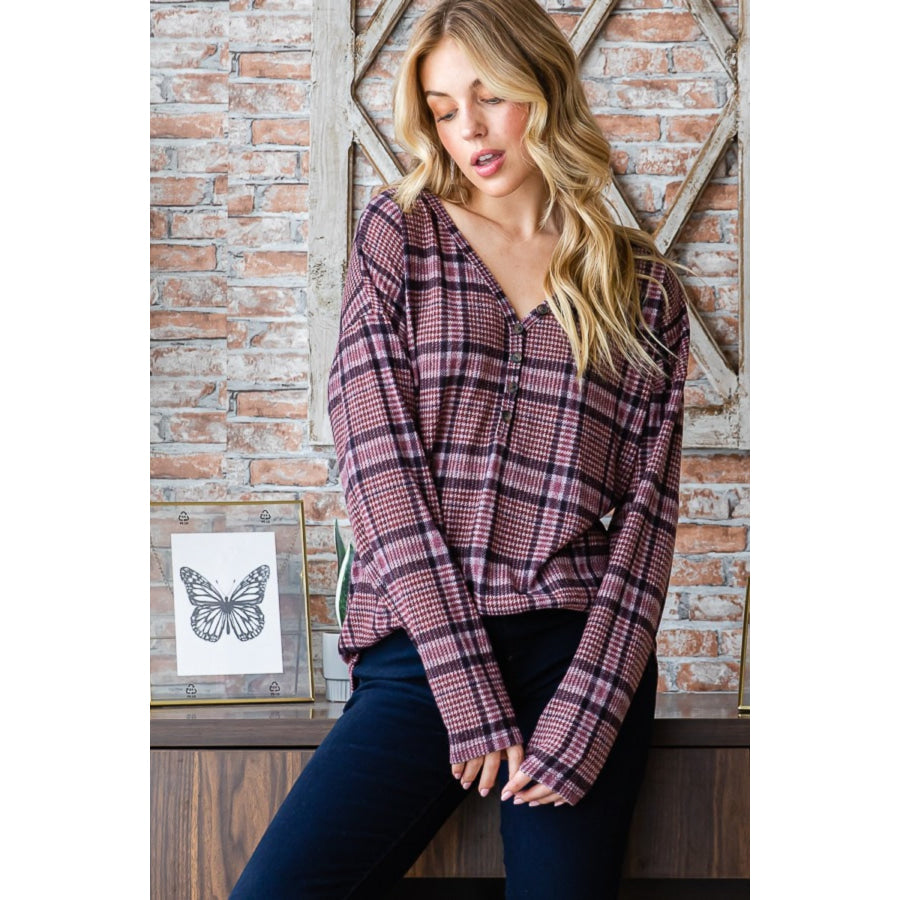 Heimish Full Size Plaid V-Neck Long Sleeve Top Apparel and Accessories