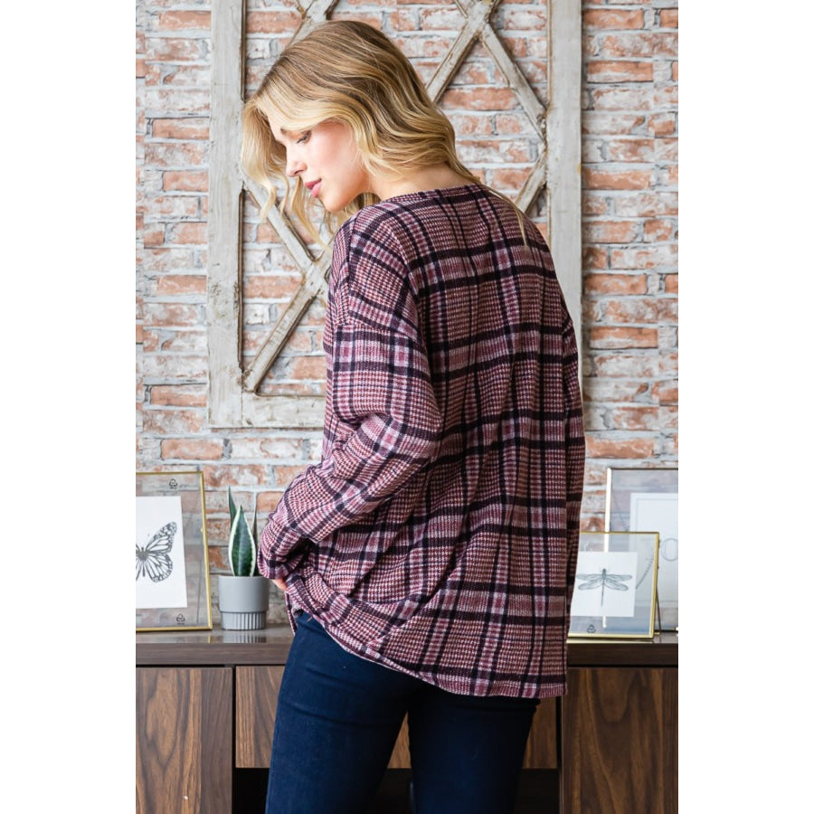 Heimish Full Size Plaid V-Neck Long Sleeve Top Mauve / S Apparel and Accessories