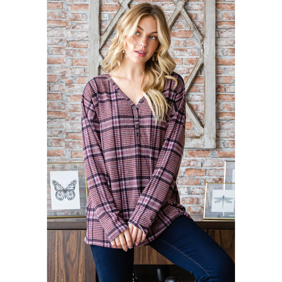 Heimish Full Size Plaid V-Neck Long Sleeve Top Mauve / S Apparel and Accessories