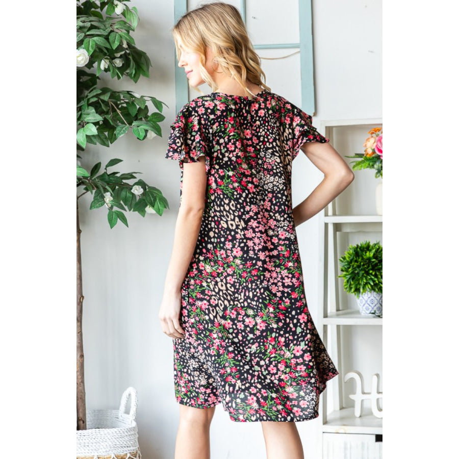 Heimish Full Size Printed Ruffled Short Sleeve Dress with Pockets Apparel and Accessories