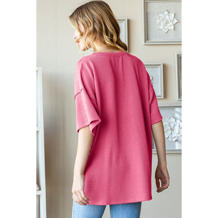 Heimish Full Size Ribbed Half Button Drop Shoulder Top HOT PINK / S Apparel and Accessories