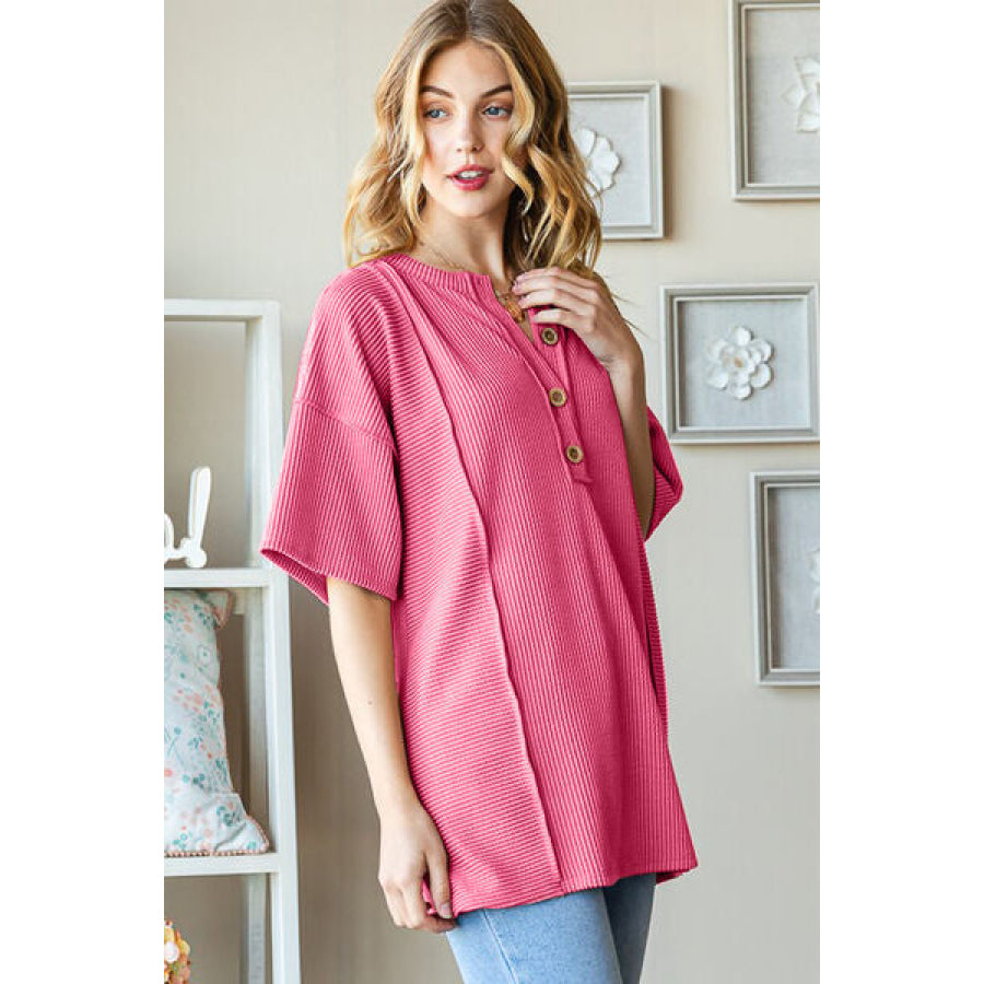 Heimish Full Size Ribbed Half Button Drop Shoulder Top Apparel and Accessories