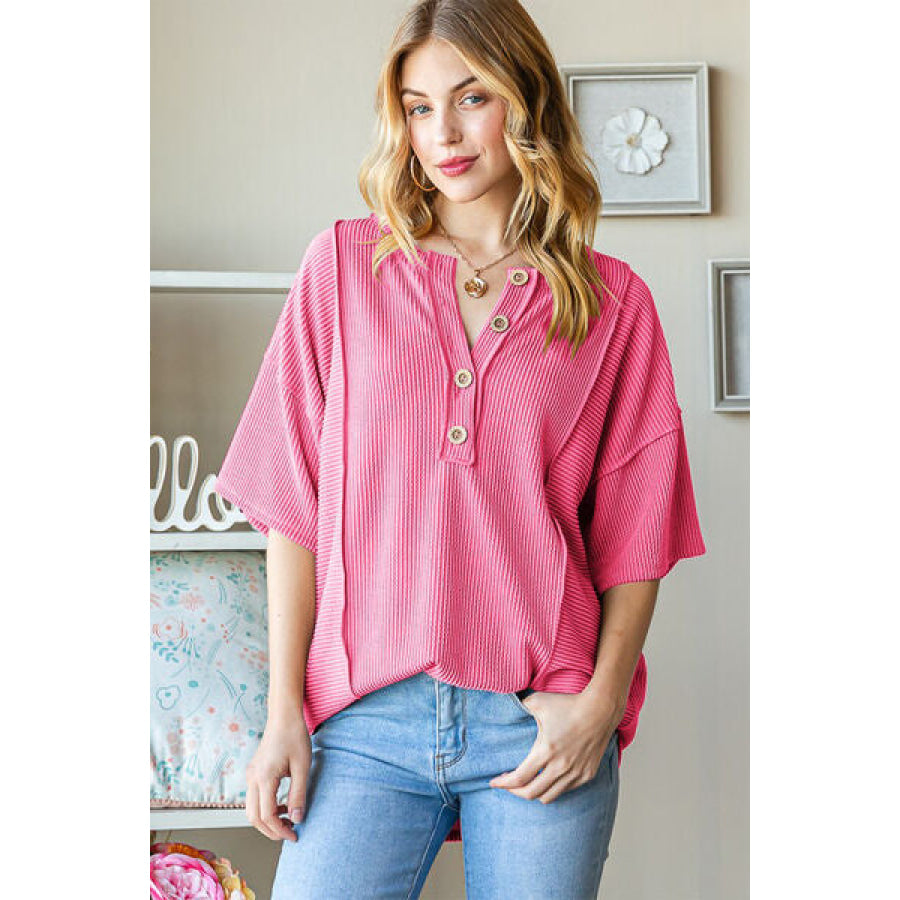 Heimish Full Size Ribbed Half Button Drop Shoulder Top HOT PINK / S Apparel and Accessories