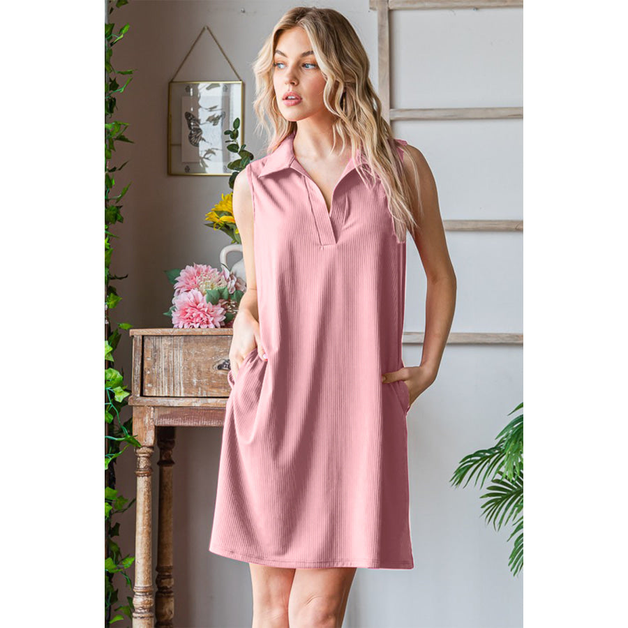 Heimish Full Size Ribbed Johnny Collar Sleeveless Dress DUSTYPINK / S Apparel and Accessories