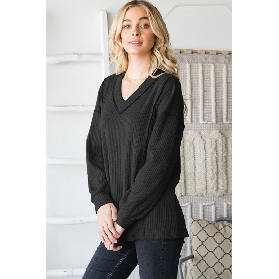 Heimish Full Size Ribbed V-Neck Exposed Seam Top Black / S Apparel and Accessories