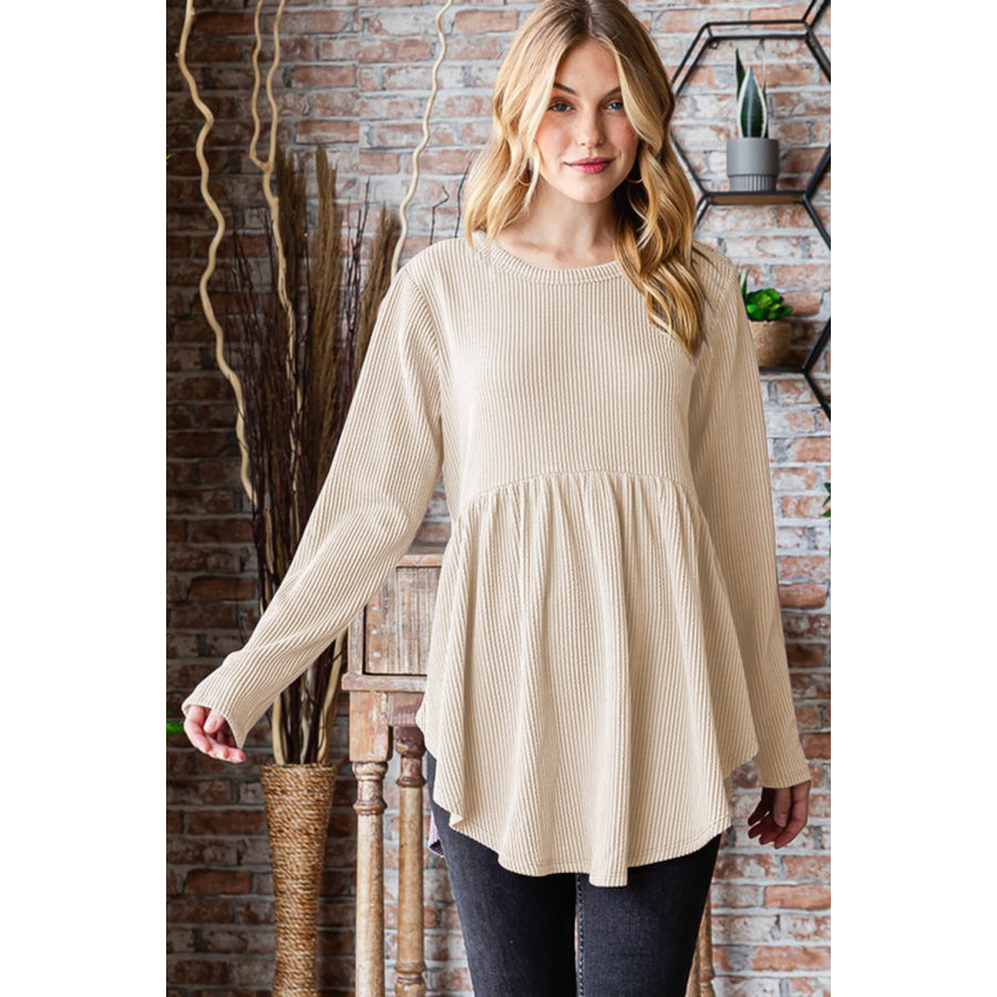 Heimish Full Size Round Neck Long Sleeve Ribbed Babydoll Top Apparel and Accessories