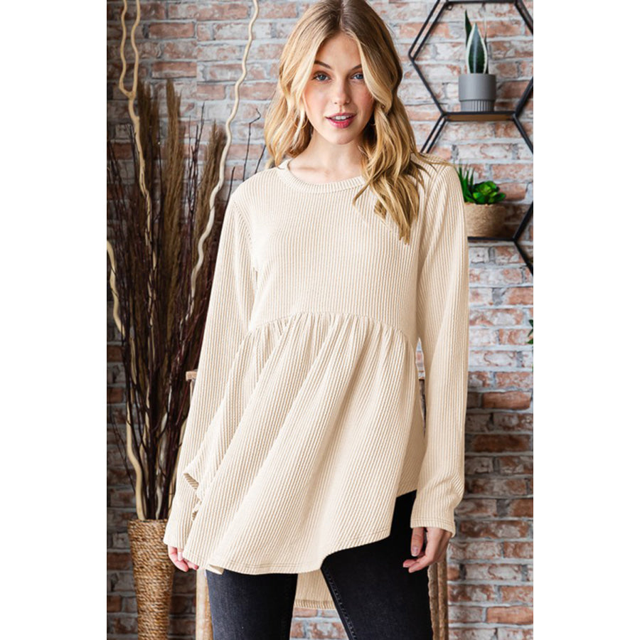 Heimish Full Size Round Neck Long Sleeve Ribbed Babydoll Top Cream / S Apparel and Accessories