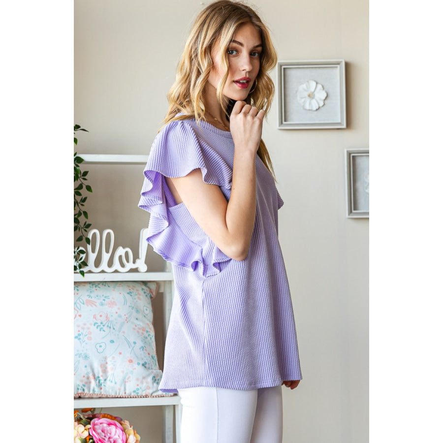 Heimish Full Size Ruffled Sleeve Ribbed Top Lavender / S Apparel and Accessories