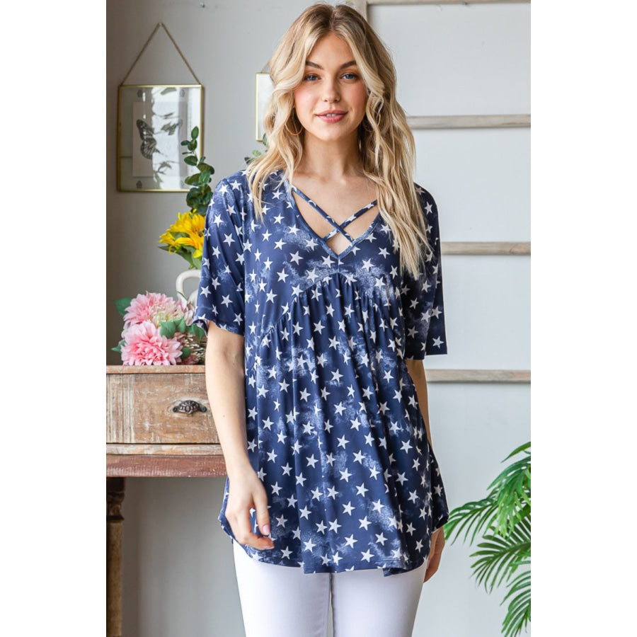 Heimish Full Size Short Sleeve Crisscross Star Babydoll Top Navy Star / S Apparel and Accessories