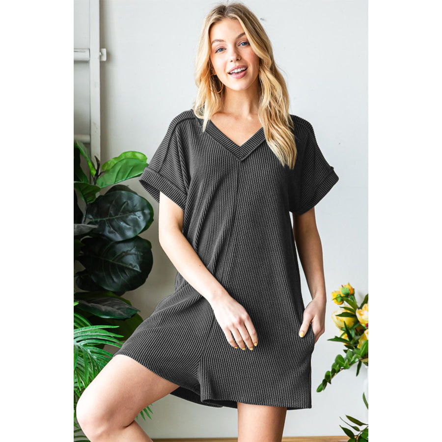 Heimish Full Size Short Sleeve Ribbed Romper with Pockets Apparel and Accessories