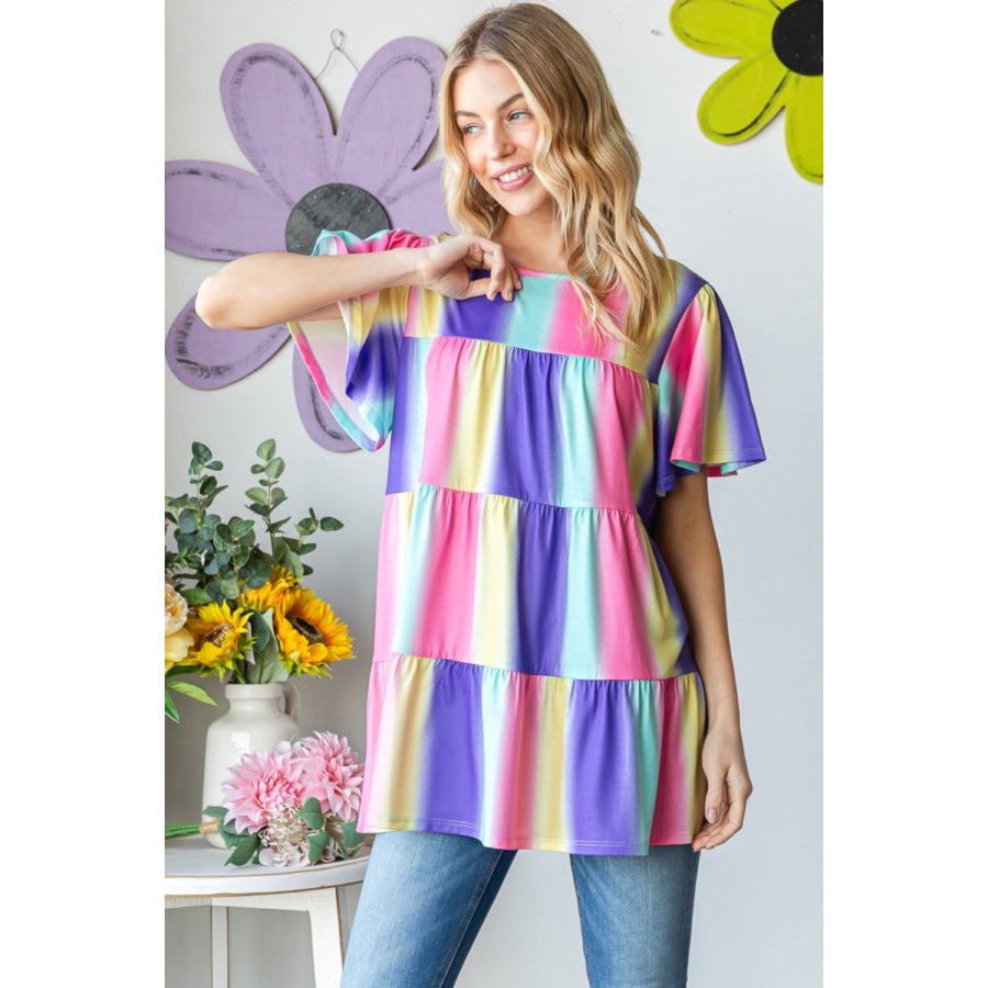 Heimish Full Size Short Sleeve Striped Tiered Top Apparel and Accessories