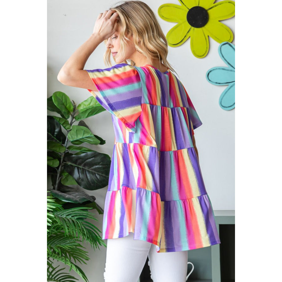 Heimish Full Size Short Sleeve Striped Tiered Top Multi / S Apparel and Accessories