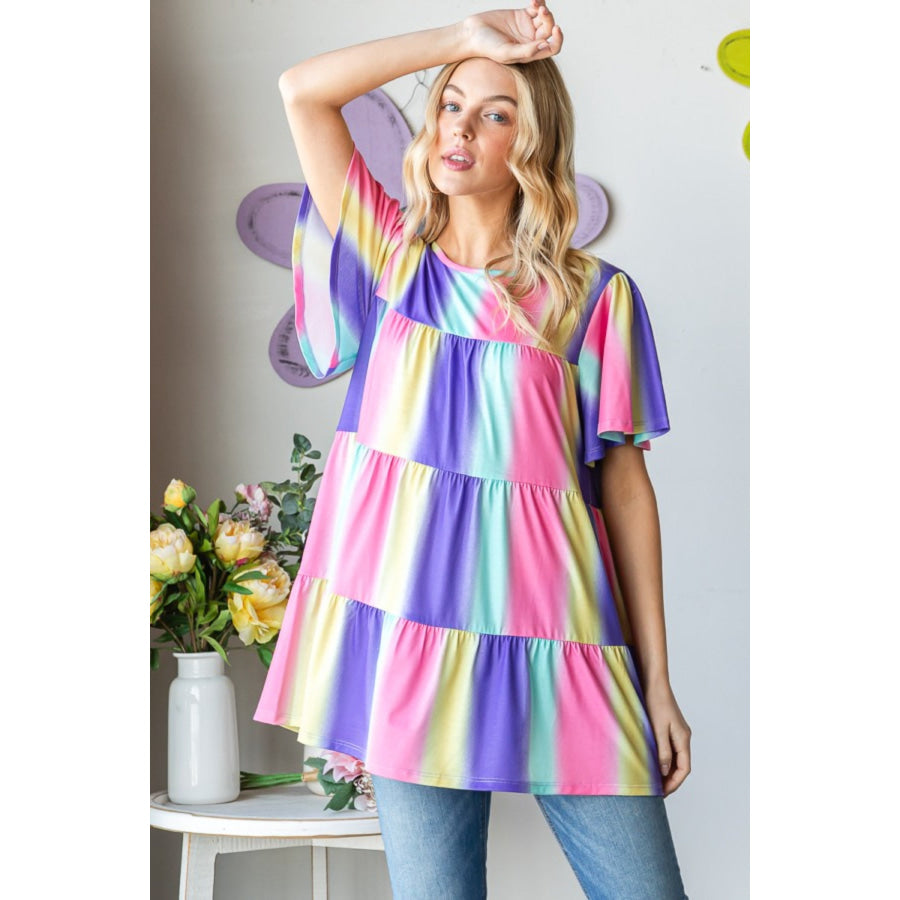 Heimish Full Size Short Sleeve Striped Tiered Top Multi / S Apparel and Accessories