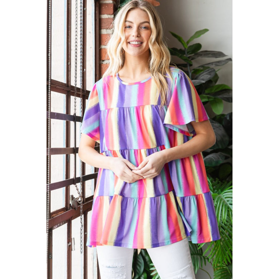Heimish Full Size Short Sleeve Striped Tiered Top Multi / S Apparel and Accessories