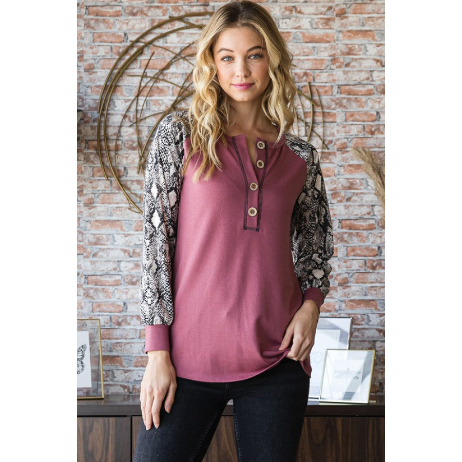 Heimish Full Size Snakeskin Print Raglan Sleeve Half Button Top Apparel and Accessories