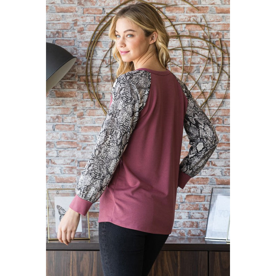 Heimish Full Size Snakeskin Print Raglan Sleeve Half Button Top Apparel and Accessories