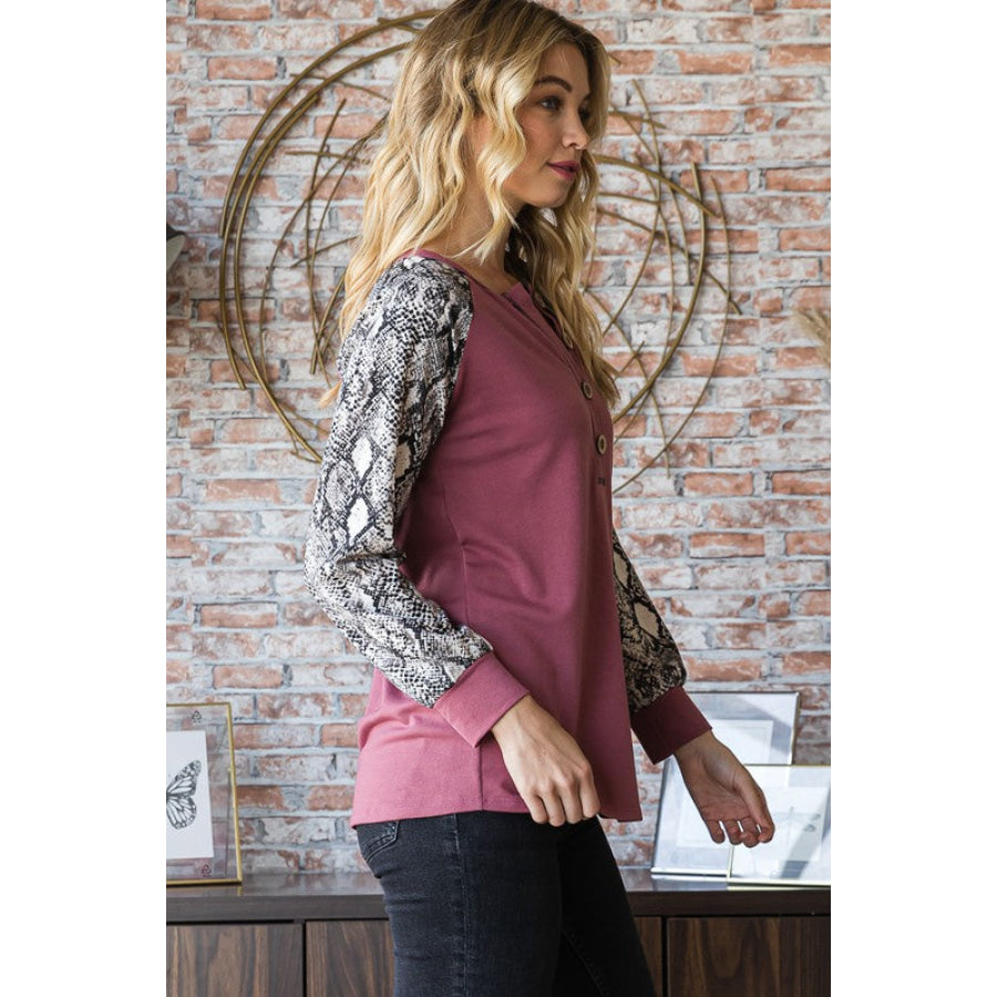 Heimish Full Size Snakeskin Print Raglan Sleeve Half Button Top Apparel and Accessories