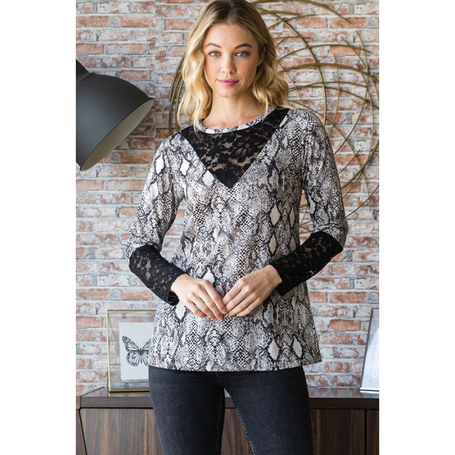 Heimish Full Size Snakeskin Print Round Neck Lace Contrast Top Apparel and Accessories