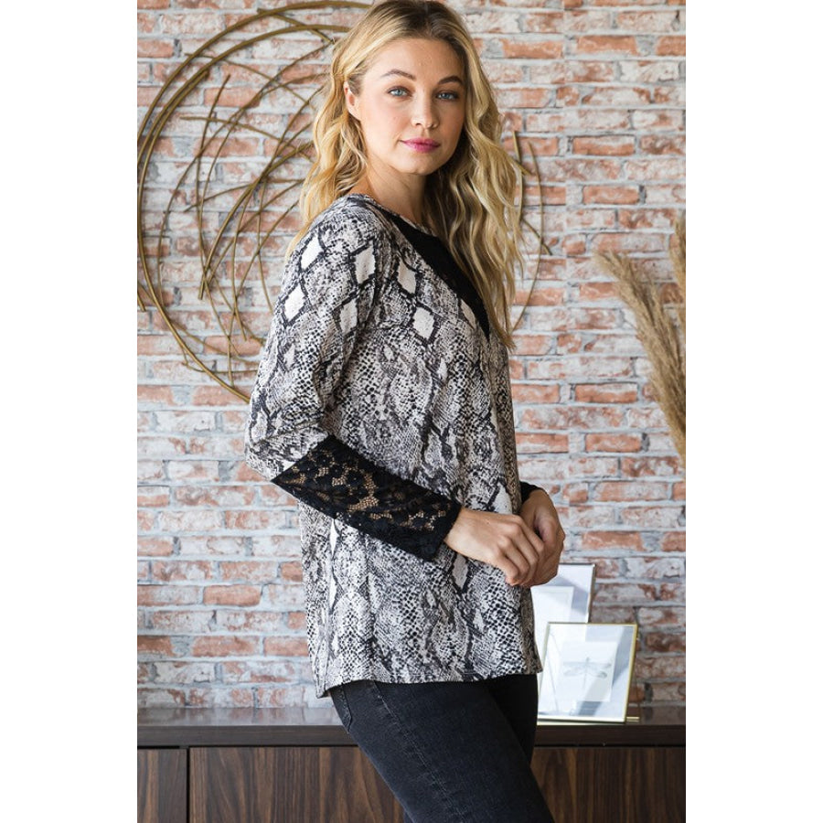 Heimish Full Size Snakeskin Print Round Neck Lace Contrast Top Apparel and Accessories