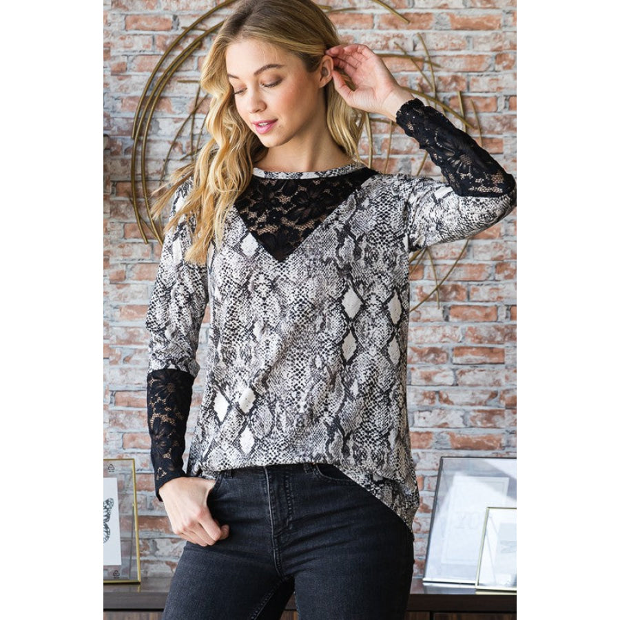 Heimish Full Size Snakeskin Print Round Neck Lace Contrast Top Apparel and Accessories