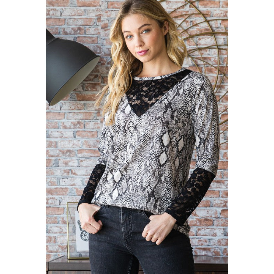 Heimish Full Size Snakeskin Print Round Neck Lace Contrast Top Apparel and Accessories