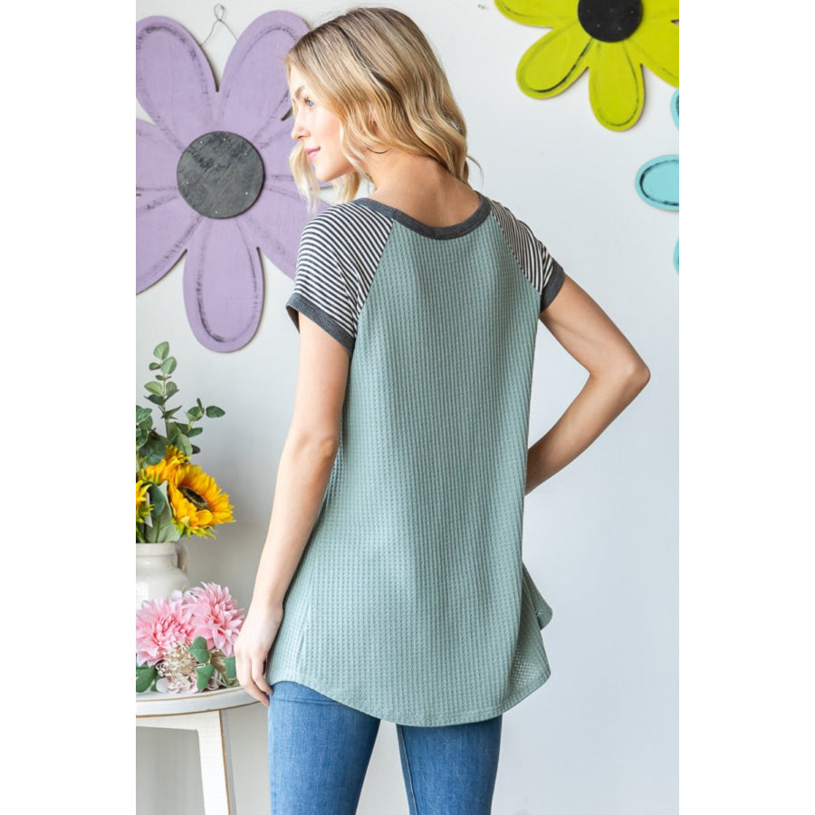 Heimish Full Size Striped Short Sleeve Waffle T-Shirt Sage / S Apparel and Accessories