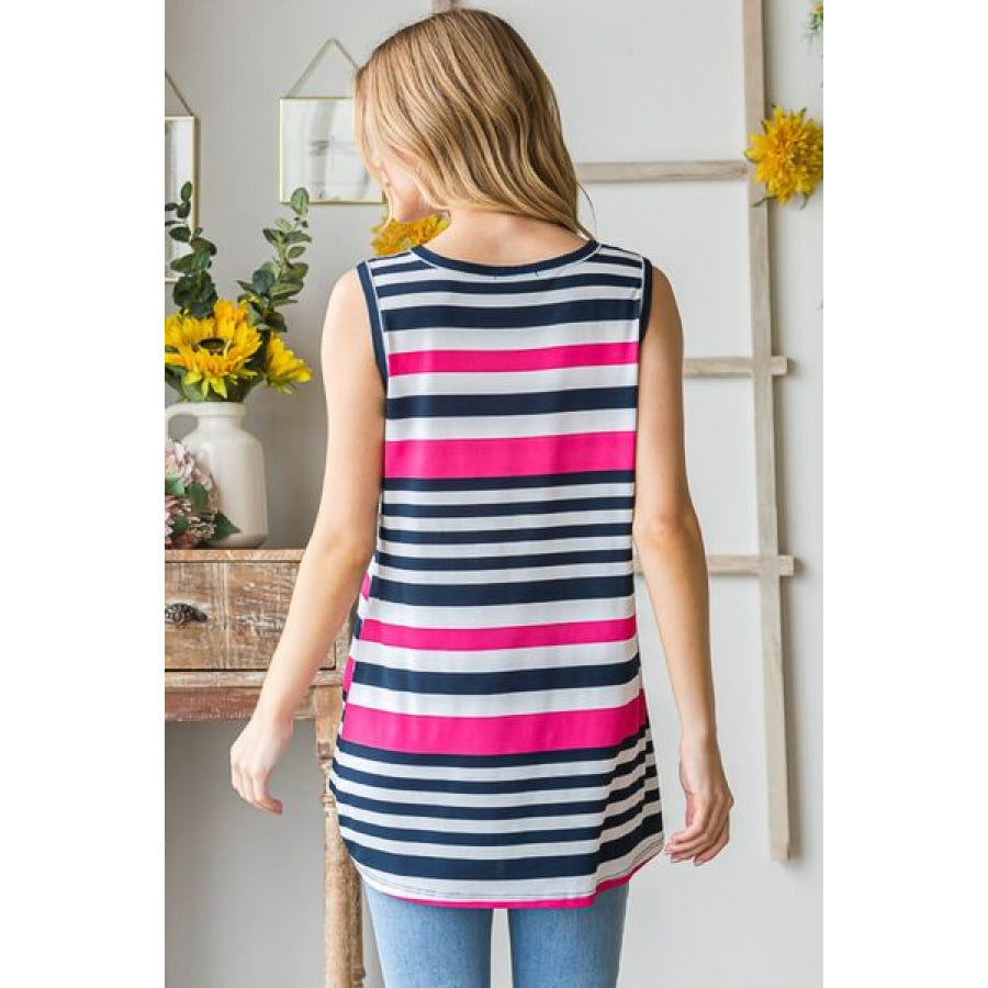 Heimish Full Size Striped Twist Knot Round Neck Tank NAVY/FUCHSIA / S Apparel and Accessories