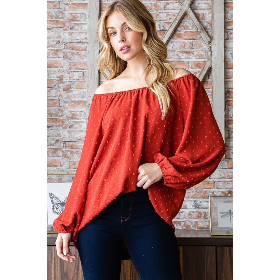 Heimish Full Size Swiss Dot Off Shoulder Top Apparel and Accessories